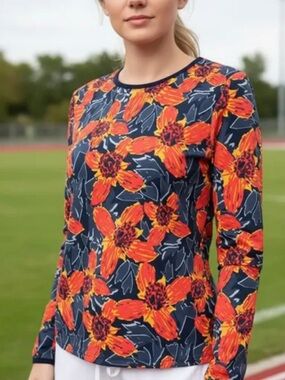 Floral Long Sleeve Rashguard Top in Navy and Orange